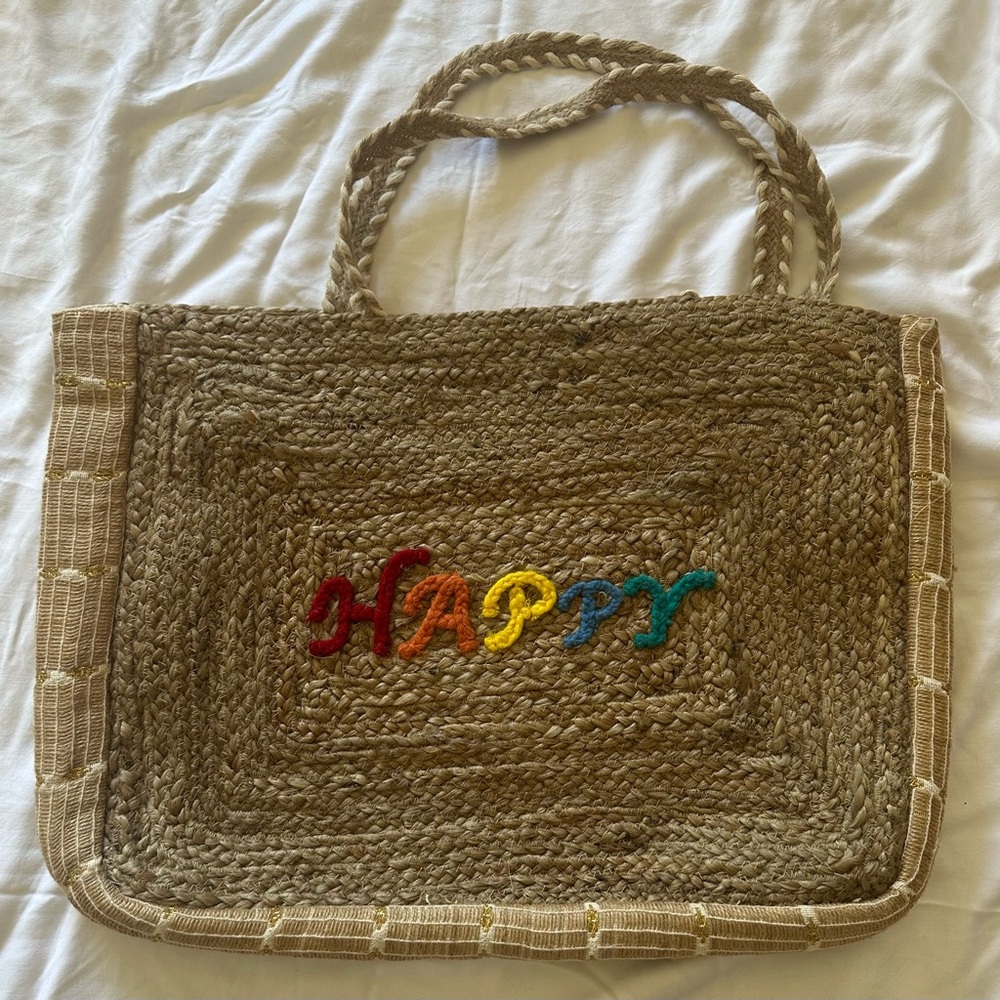 Woven Jute Tote Bag zippered inside.  Colorful 'Happy' Design on the front